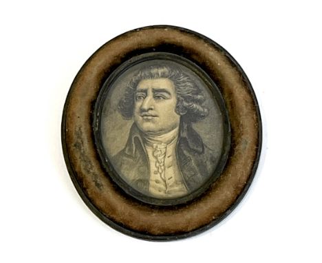 A 19th century portrait miniature engraving of a gentleman - oval, in a velvet and gilt metal frame, 9 x 7.5cm.