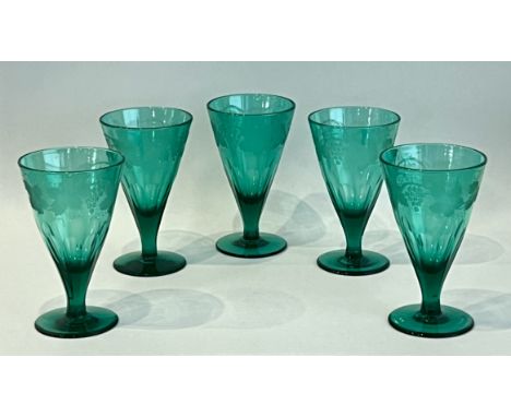 A set of five unusually large engraved Bristol green glass goblets - 19th century, the drawn trumpet bowls with basal petal c