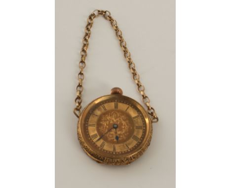 A 14ct gold lady's open-face watch with 9ct gold chain - Swiss movement, the gilt-metal dust-plate signed 'J. Stalker - Carli