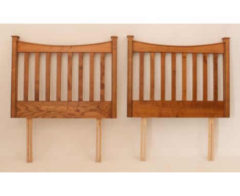 A pair of mid-oak slatted single bed heads in the early 20th century style - modern, 92cm wide, 71.5cm high plus fittings.