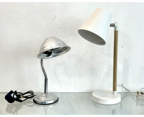 Two adjustable desk lamps - one painted in eggshell off-white with a faux-wood grain column, 40.5cm high to top of column; th