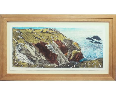 Julia Manning (British, contemporary) 'Raven's Nest', Skokholm Island, Pembrokeshire etching and lino blocks, signed, titled 