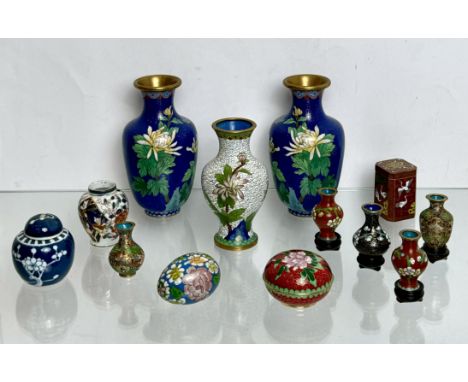 A small collection of modern Chinese cloisonne - comprising a pair of blue ground baluster vases decorated with peonies and p