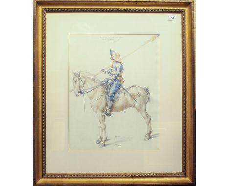 after Albrecht Durer (1471-1528): Study of a Rider - colour reproduction print, pub. The Medici Society, 40.5 x 31.5cm, gilt 