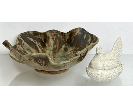 A studio pottery stoneware fruit bowl - signed with monogram 'JR' with a symbol of a bird in flight above, 37.75cm long; toge