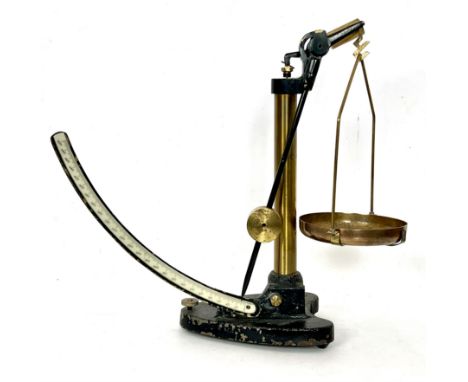 A vintage brass, black lacquered and cast iron pendulum balance scale by Griffin &amp; George Ltd, with ivorine 500g scale, 3