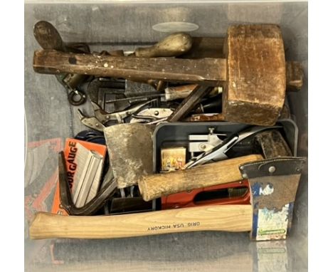 A collection of vintage and modern decorating and workshop tools - including a Spears hand axe with hickory handle; spirit le