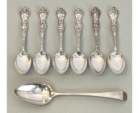 A George III silver Old English Pattern table spoon - London 1787, maker's mark indistinct, 52.5g; together with a set of six