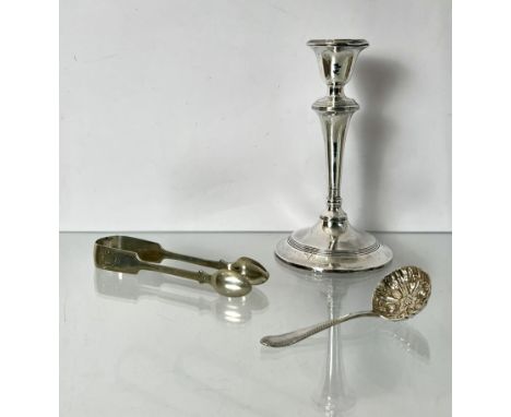 An Edwardian silver candlestick - Birmingham 1909, of plain George III form with reeded borders, weighted, 18.9cm high, a/f, 