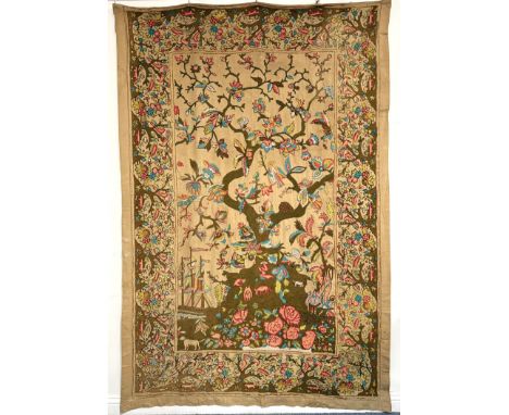 An unusual and spectacular antique Tree of Life crewel work wall hanging - 18th / 19th century, worked in in crewel wool embr