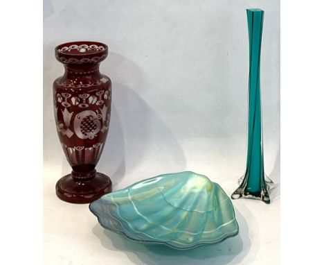 Three pieces of coloured glass ware - comprising a Bohemian engraved ruby flashed glass vase by Egermann of the Czech Republi