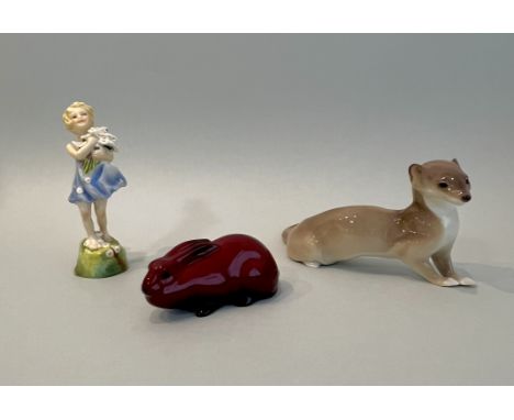 Three pieces, comprising - 1. A Royal Doulton flambe glazed Hare Crouching, HN107, 11.3cm long. (* In good condition, with no