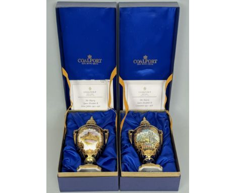 A pair of Coalport limited edition commemorative covered two-handled vases - one commemorating the 25th Anniversary of the Co