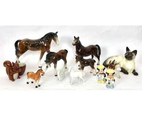 A small collection of china figures of horses, other animals and Mickey Mouse - including a Beswick 1559 Siamese Cat, 18.25cm