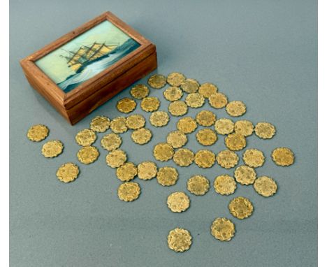 A collection of 50 x gilt metal gaming counters - 19th century, shaped form, cast to either side with the kings and queens in