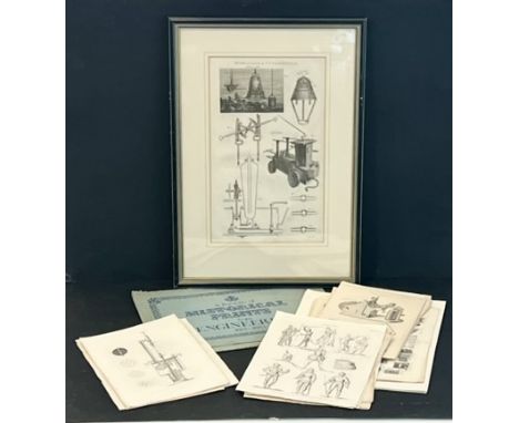 A collection of 18th and 19th century scientific and technical engravings - one framed and glazed, titled 'Hydraulics &amp; H