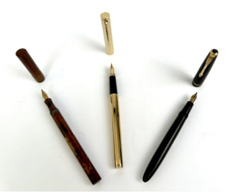 Three vintage fountain pens - comprising a Sheaffer gold plated pen; a black Parker Slimfold; and 'The Rosemary' hard rubber 