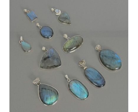 Ten sterling silver and Labradorite pendants - of varying forms, all polished, the size ranging from 2cm to 5.3cm drop (plus 
