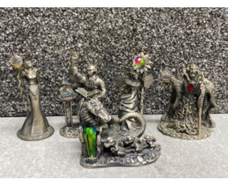 Total of 5 pewter “myth and magic” crystal ornaments including follow me kid and the moon wizard eyc