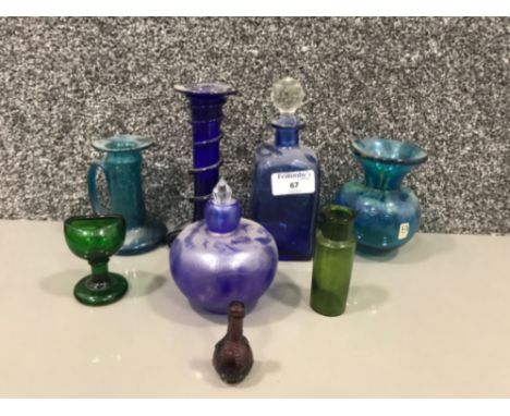 Miscellaneous glass ware to include mdina vase blue glass decanter with crystal stopper blue glass candlestick