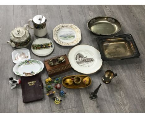 Box of miscellaneous items to include hen condiment set plates teapot coffee pot silver plate etc