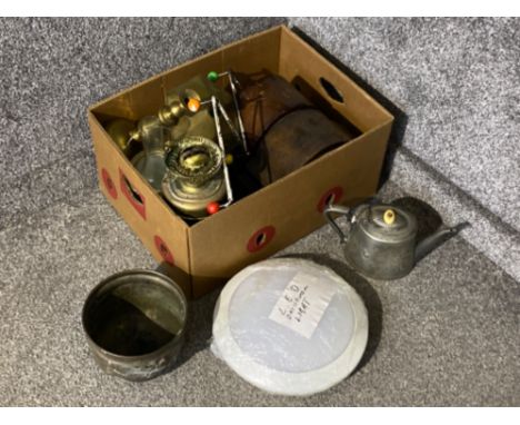 Box containing brass based duplex oil lamp with glass chimney and 2x mantle clocks by Haller &amp; Iperlvale etc