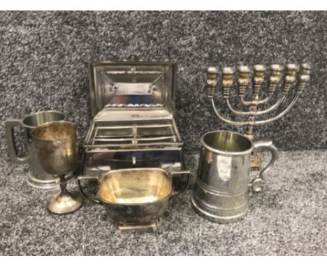 Vintage Silver plated cheese toaster together with Jewish menorah 7 brand candlestick 2 pewter tankards etc