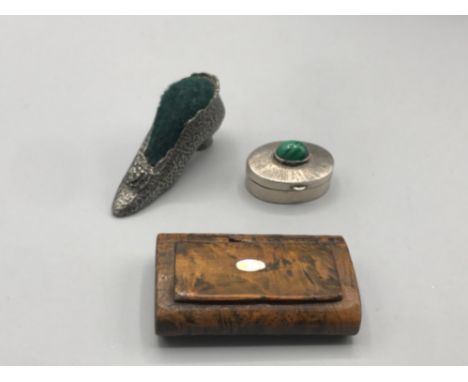 Lady’s burr walnut snuff box together with small shoe pincushion silver pill box with green marcasite type stone