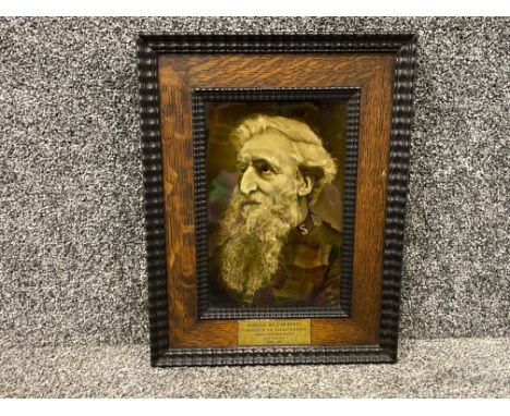 Antique portrait tile of the General William Booth founder of the Salvation Army, in a Victorian wooden frame with brass plaq
