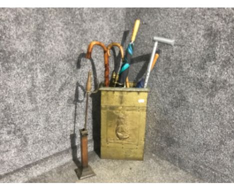 Squared oblong brass stick stand with drawer to rear plus contents