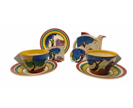 Clarice Cliff - Stamford Tea for Two or Early Morning set in the Blue Autumn Pattern. Circa 1931.  Having the earliest and be