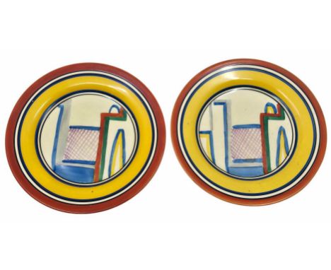Clarice Cliff "Tennis" pattern.
Two plates decorated in the Tennis pattern Circa 1931.
Painted to the centre with beautiful B