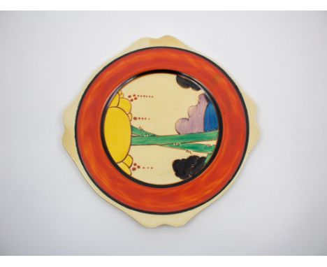 Clarice Cliff - Summer house design leda shaped plate.
A nice version of this pattern with strong bold colours.
Circa 1930
Ol