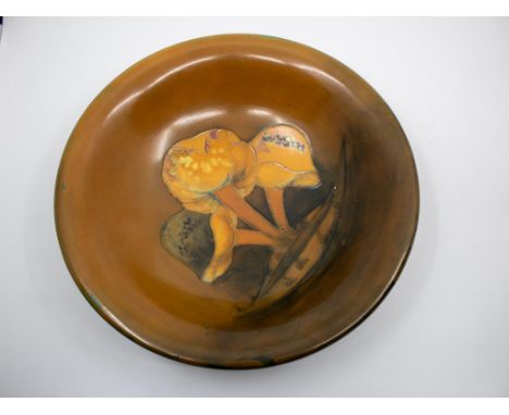 A William Moorcroft- Rare salt glaze Claremont dish form bowl
Circa 1930.
This rare almost mustard coloured bowl with a salt 