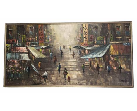 Tang Ping - 20th century. A large Chinese oil on canvas depicting 'Ladder Street, Hong Kong' Signed lower right. 63cm 124cm f