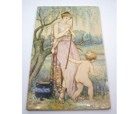 A large Minton Kensington Gore Arts and Crafts painted tile plaque signed by Sudovici  The hand painted glazed and enamelled 
