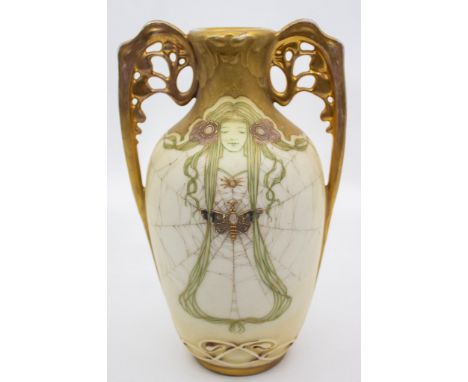 Paul Daschel for Amphora&nbsp;&nbsp;
Art Nouveau shoulder vase with maiden, spiders Webb and a central moth motif.
Circa 1900