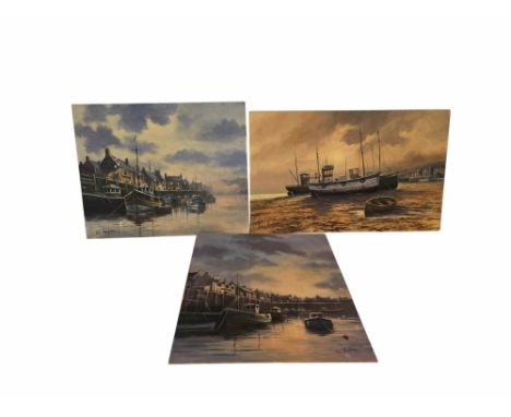 Eric Simpson Three Unframed Costal Acrylic/ oil on board paintings Each signed Eric Simpson. "Speeping  Harbour" "Beached Dri