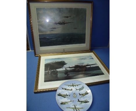 Coalport Limited Edition Bomber Command plate with certificate, two framed prints 'The First Blow' by Gerard Coulson signed &