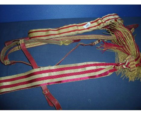 Victorian officers dress belt with gilt and white metal lion mounted crown buckle and gilt braided and red leather straps, ha