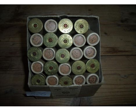 Cased box of 25 Vintage ICI Eley Kynoch 5 shot paper cased shotgun cartridges (shotgun certificate required) 