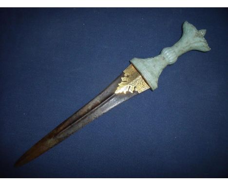 18th/19th C bladed Indo Persian dagger with 8 1/4 inch double edged blade of tapering form, with raised centre section with o
