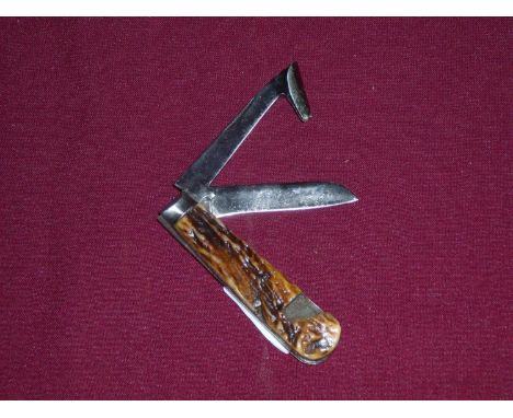 Vintage English treescribe pocket knife, with two piece antler grips and maker’s mark for Currolk Works Sheffield 