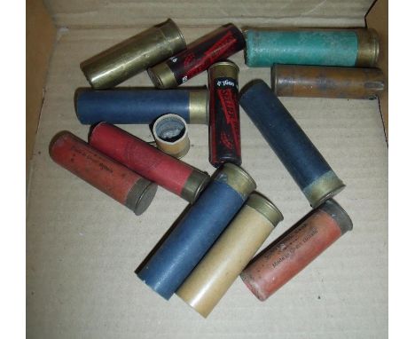 Small selection of vintage shotgun cartridges, cases etc including an Eley 8 bore paper cased cartridge 12 bore brass shotgun