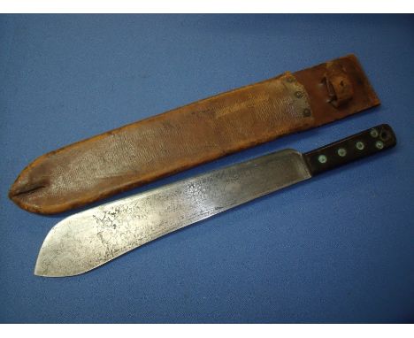 British military WWII period machete with 14 1/5 inch blade stamped with broad arrow marked J.J.B 1945, with two piece grip a