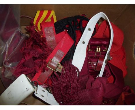 Box containing a selection of various sword belts, Calvary whites, parade cross over belt with pouch with white metal mounts,