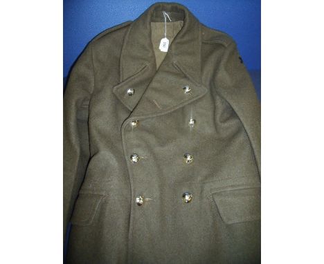 British Army 1952 pattern great coat with label dated 1956 size 7, with Signals Regiment stay bright buttons 