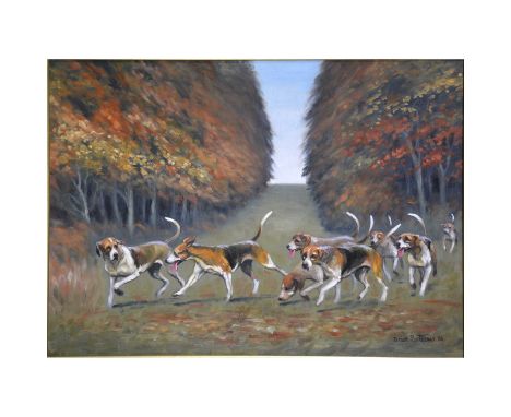 Brian Porteous, Hounds and Landscape,signed, dated '86, oil on board, 28cm x 39cm.Unsigned hunting scene with huntsman and ho