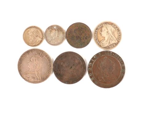 George III cartwheel penny, 1797; a Victoria crown, 1887; a Victoria half-crown, 1900; Victorian and later shillings; threepe