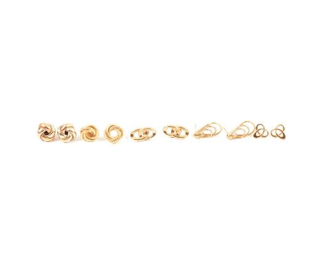 A pair of Ola Gorie 9 carat yellow gold Celtic knot earrings, in branded box; a pair of bi-colour 9 carat gold knot earrings;